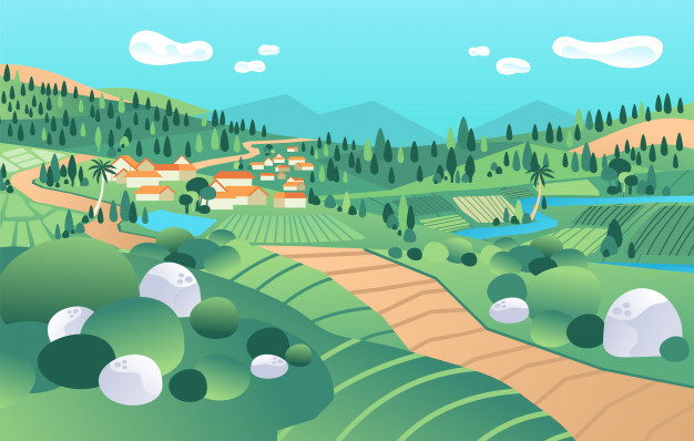 Landscape View Country Side With Mountain Valley Houses River Tree Rice Field Vector Illustration 142963 118 Planet Alpha Corp Forest Carbon Legacy